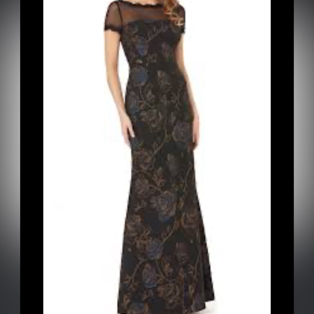 JS collection black with metallic floral evening dress